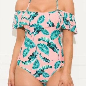 XL One Piece Swimsuit from Cupshe | Pink with Green Palm Print & Ruffle Detail